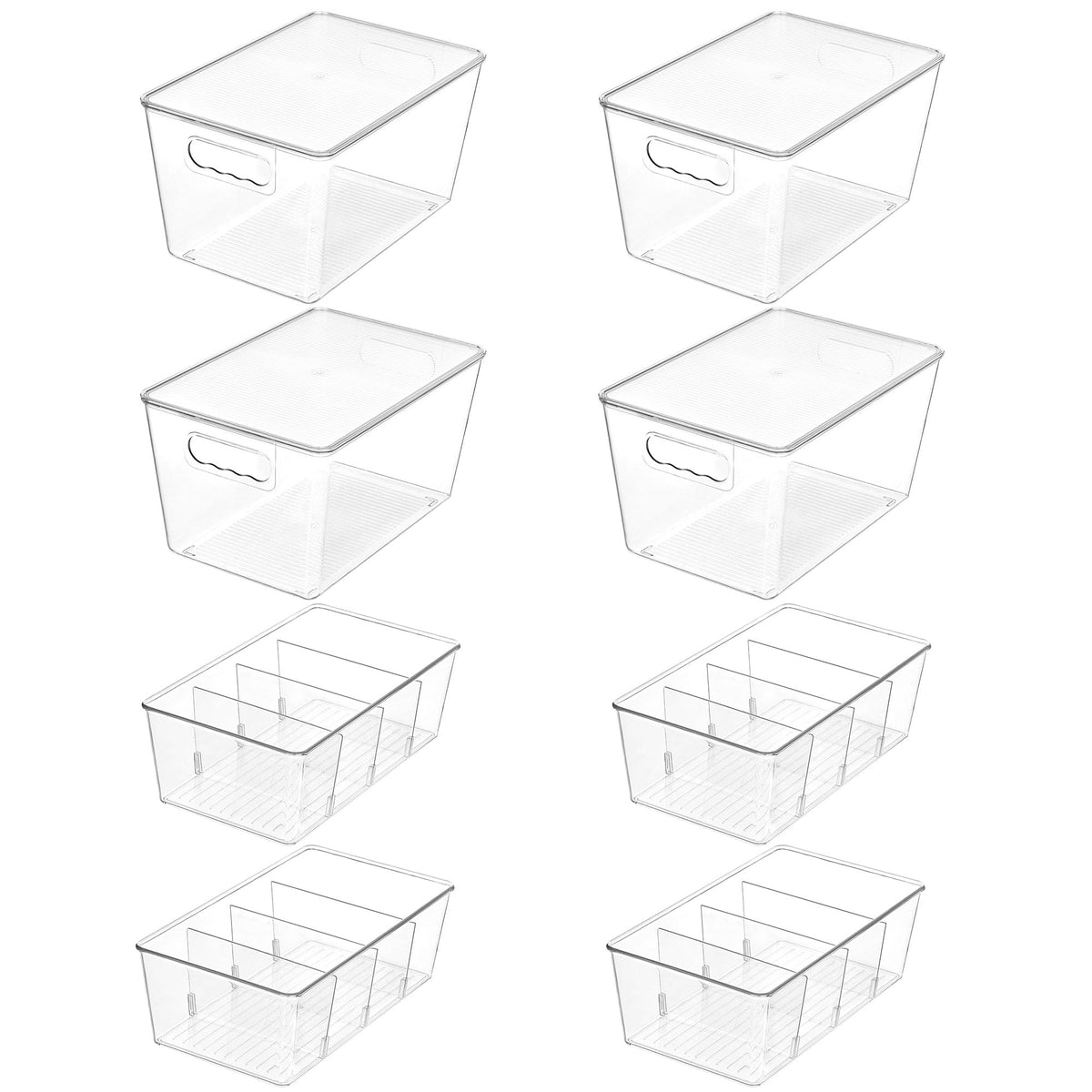 Vtopmart 8 Pack Clear Plastic Storage Bins Set, 4 Large Pantry Organizer Bins with Lids & Handles and 4 Medium Snack Organizer Bins with 4-Compartment for Pantry, Kitchen, Fridge, Cabinet Organization