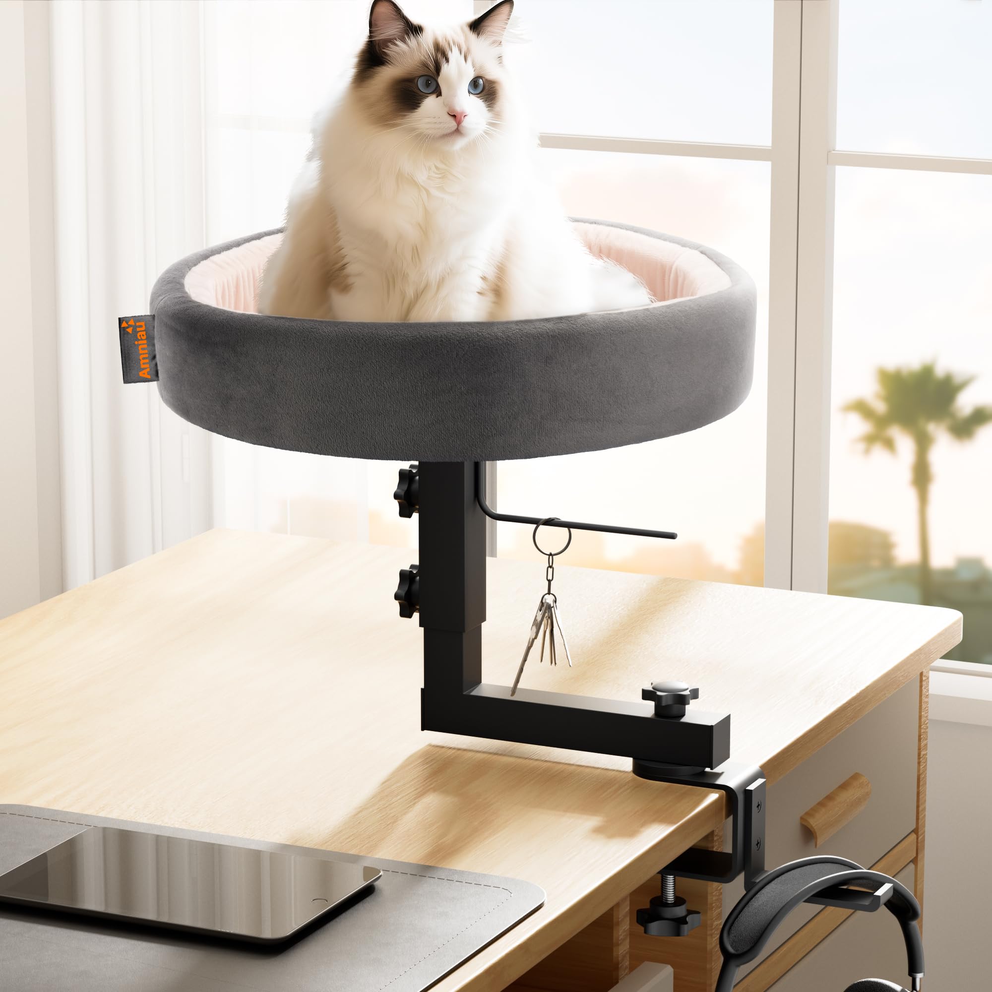 2-in-1 Cat Bed Desk Mount & Headphone Hanger – Adjustable Cats Hammock Bed for Desk, Cat Beds & Furniture for Home Office or Gaming Setup