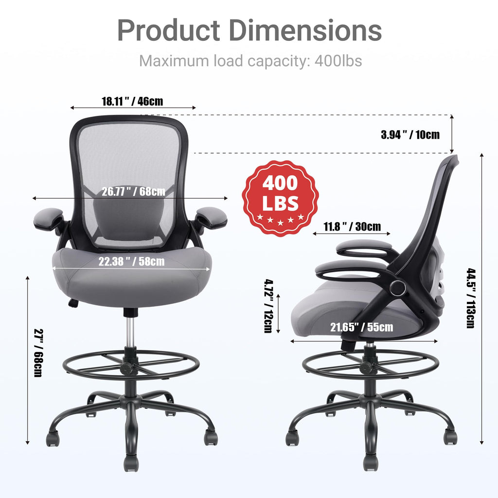 Hylone 400lbs Heavy Duty Drafting Chair 5" Thickened Seat Office Chair with Flip-up Armrests Tall Ergonomic Computer Chair with Lumbar Support