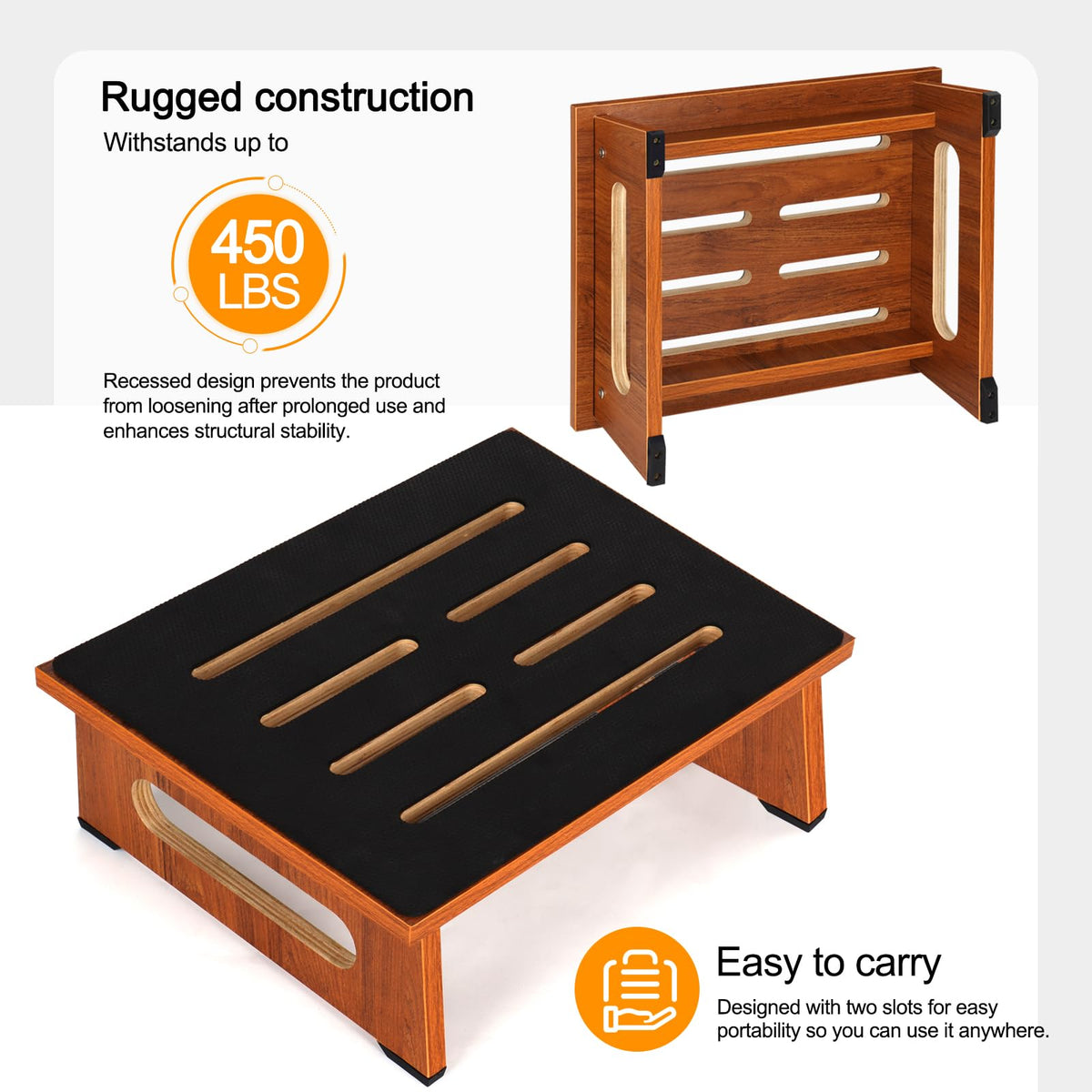 Wooden Step Stool with Non-slip Rubber Feet Step, Heavy Duty Platform Stepping Stools with 450 Lbs Capacity for Bedroom Kitchen Bathroom, Bed