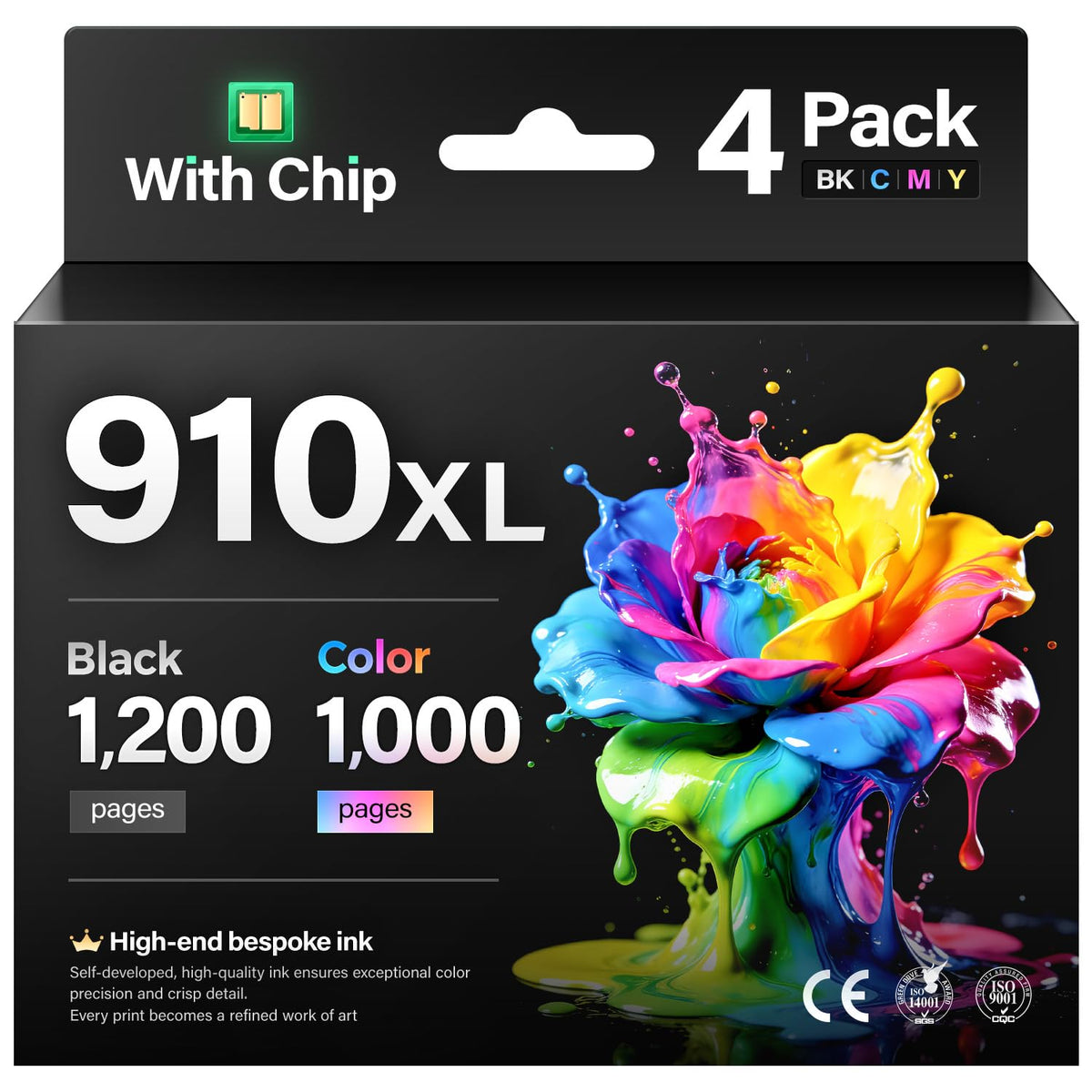 910XL Ink Cartridges 4Pack High Yield with Chip Compatible for HP 910 910XL Ink Works with HP OfficeJet 8010 8020 Pro 8030 8015e 8025e 8028 8035 8018 8022e Series Ink Printer Black Cyan Magenta Yellow