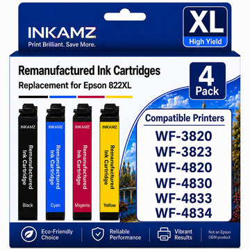 Remanufactured Ink Cartridges Replacement for Epson 822XL Ink Cartridges for use with Epson WF-3820 WF-3823 WF-4820 WF-4830 WF-4833 WF-4834 Printer (4 Pack, Black Cyan Magenta Yellow)