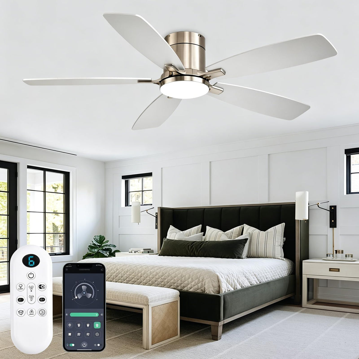 FUMLTP 52 inch Ceiling Fans with Lights, Flush Mount Ceiling Fan with Light and Remote/APP Control, DC Motor, Dimmable LED, Noiseless, Low Profile Ceiling Fan for Bedroom Indoor/Outdoor Use (Nickel