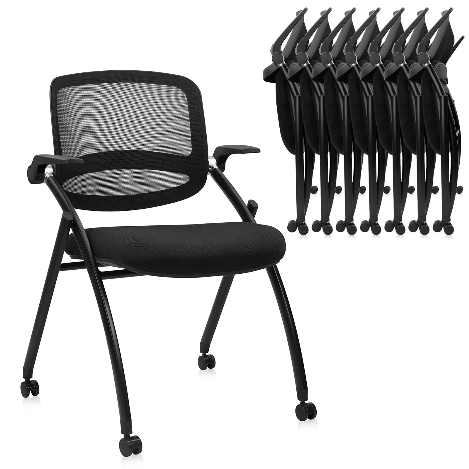 Clatina Stackable & Foldable Conference Chair with Wheels, Ergonomic Mesh Back, 300lbs Capacity, Breathable Padded Seat, Adjustable Armrests,