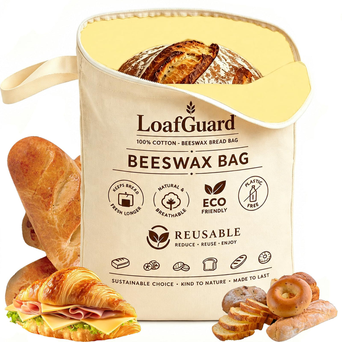 Beeswax Bread Bags, Bread Bags for Homemade Bread, Bees Wax Bread Bag, Reusable 17x13-Inch Linen Bread Bag with Wide Zipper, Airtight & Freezer-Friendly Food Storage