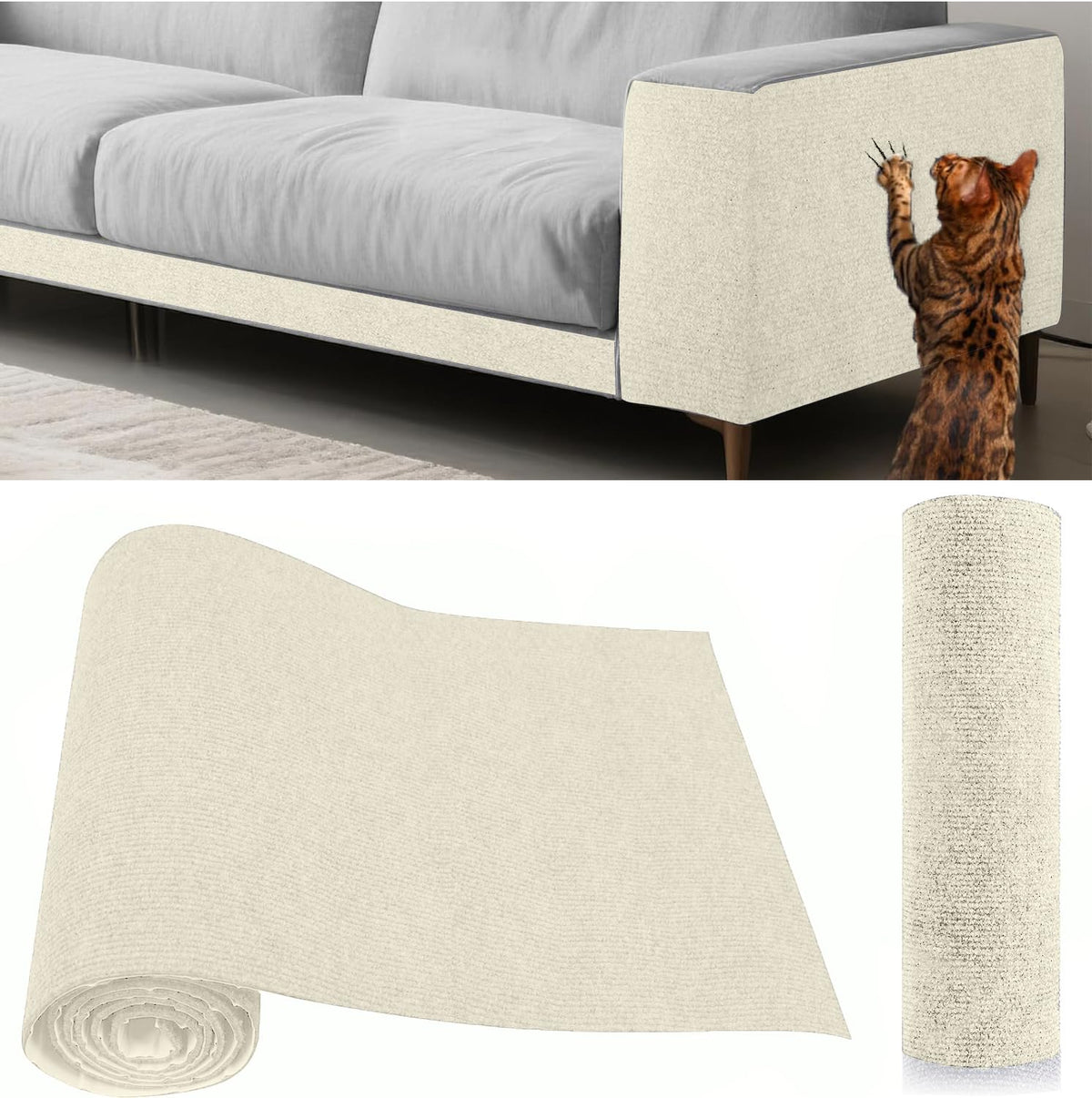 Cat Scratch Furniture Protector Couch Protector from cat Claws Self-Adhesive Carpet remnants Scratching Mat Trimmable DIY Climbing Covering Posts (White, 15.8" x 78.7")