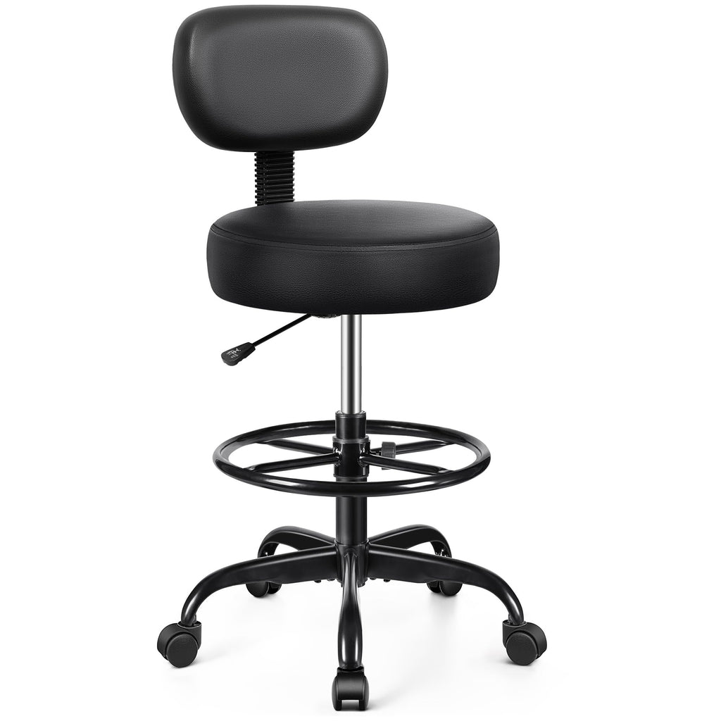 Brick Attic Drafting Chair with Backrest – Adjustable Foot Rest Rolling Stool with Wheels, Pu Leather Swivel Stool for Office Spa Studio Lab