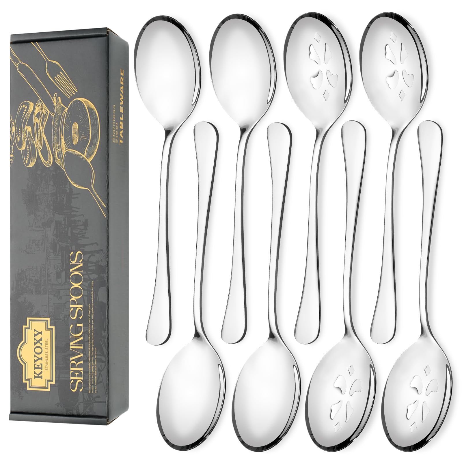 8 Piece Stainless Steel Serving Spoon Set - 4 Large, 4 Slotted,Dishwasher Safe,10-Inch, for Parties/Kitchen/Buffet/Catering