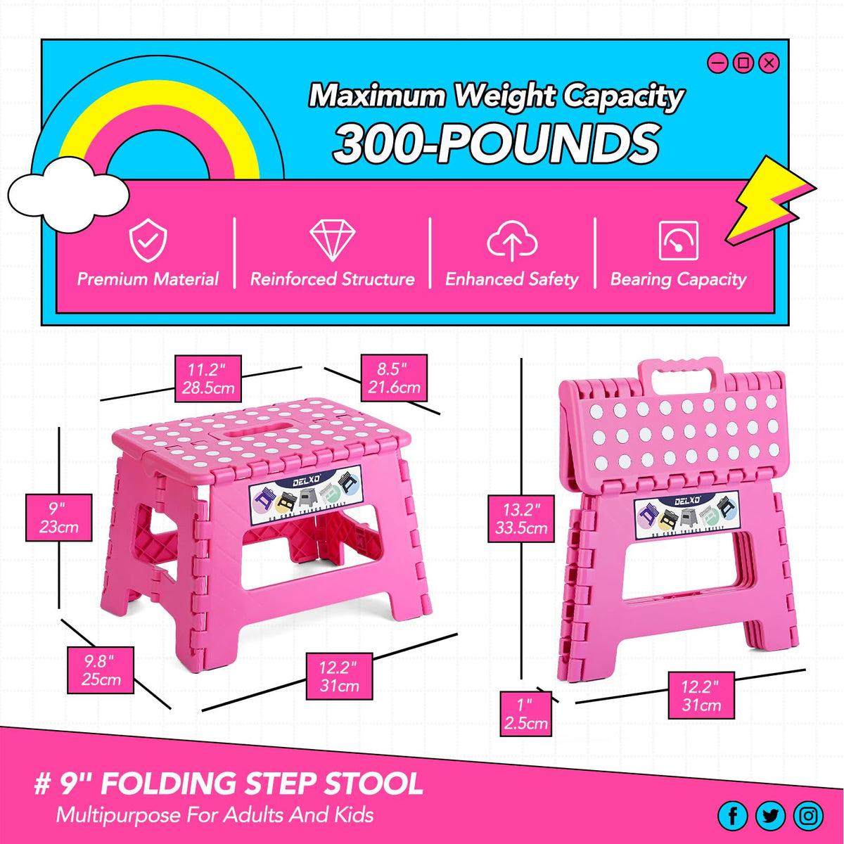 Delxo 9 Inch Kids Step Stool,300 Lbs Folding Step Stool for Toddler Pink