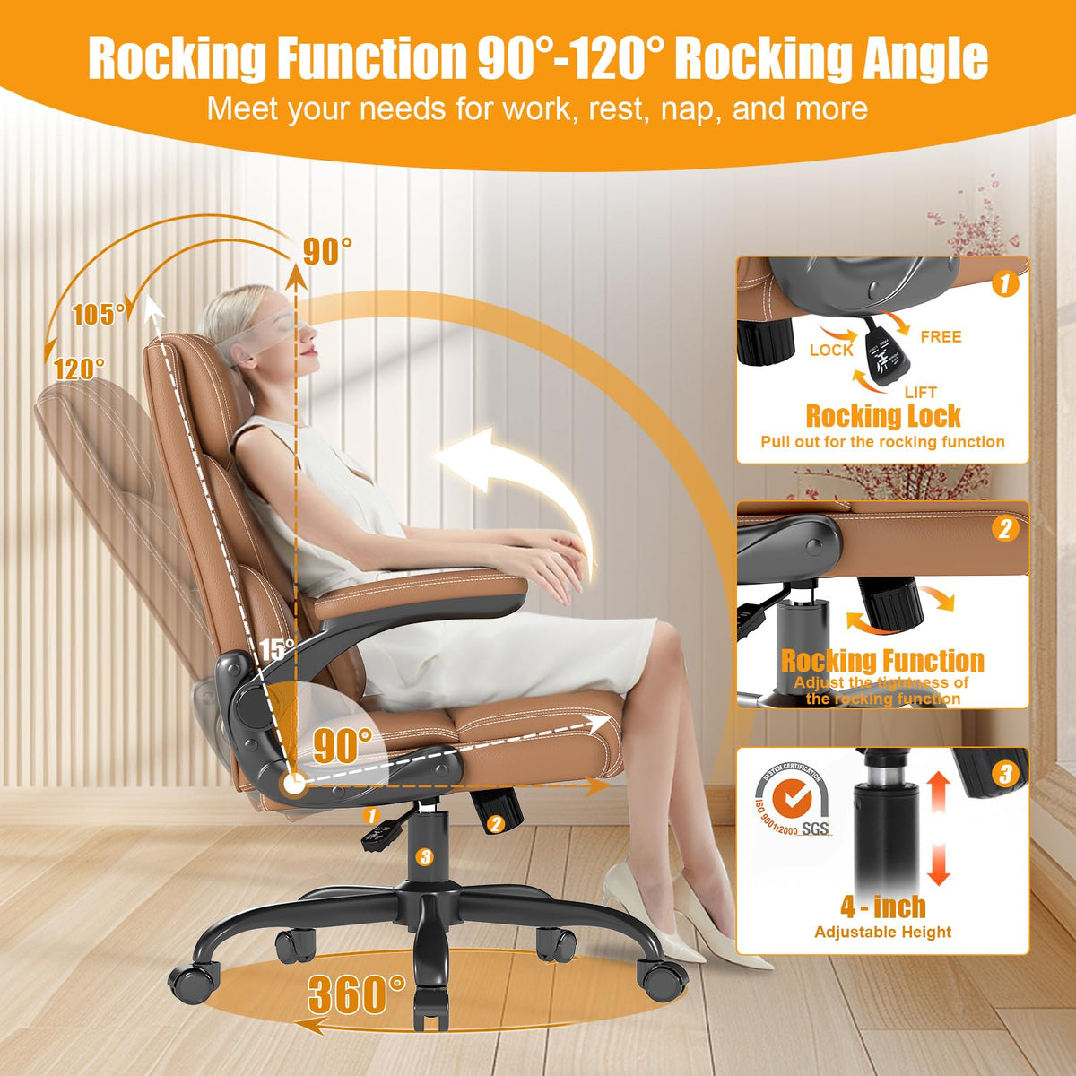 Executive Office Chair with Flip-up Armrests,ergonomic Computer Desk Chairs, 26.56 x 8.58 x 17.71inch, Brown
