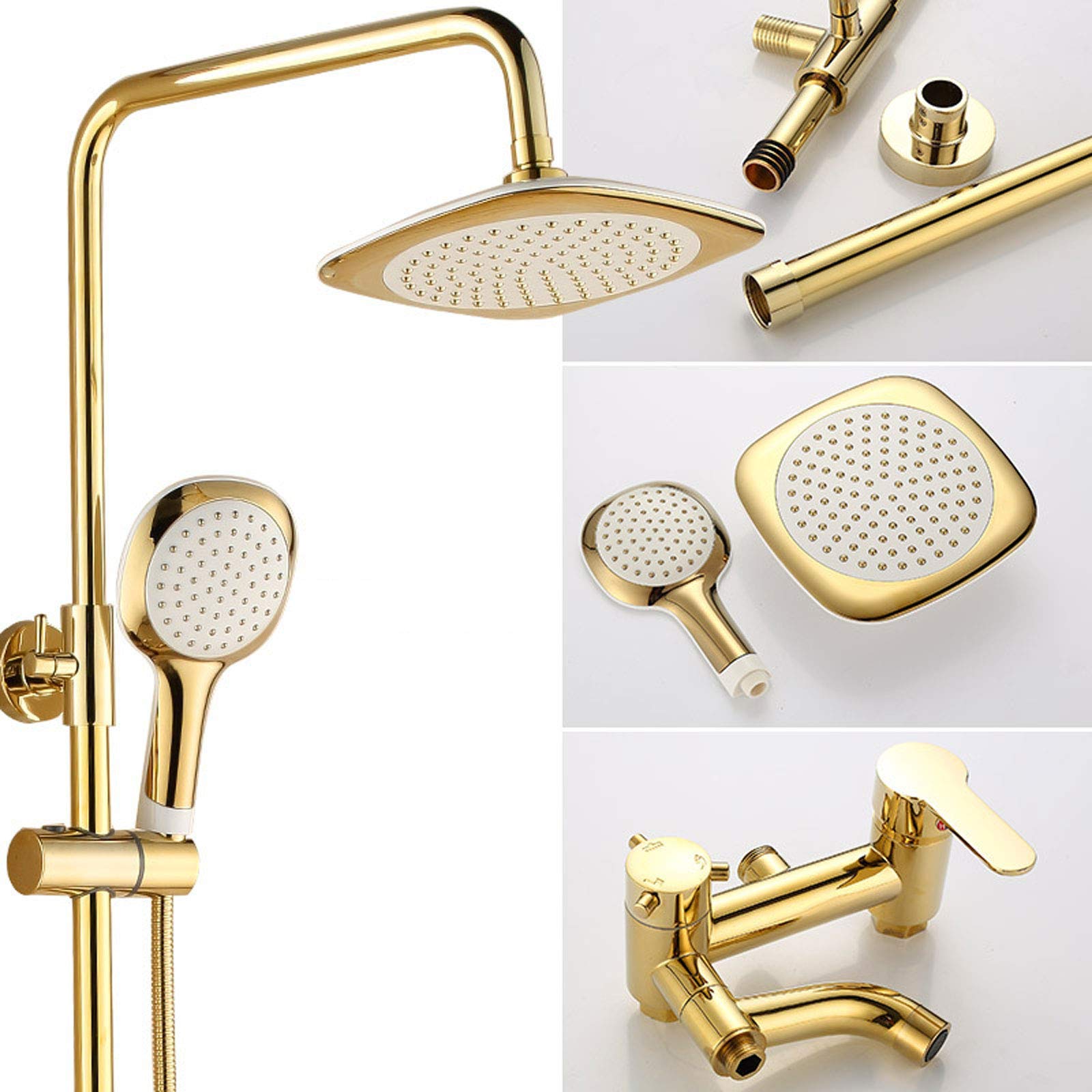 Golden Wall Mounted Shower System, Adjustable Height Shower Set with Overhead Shower Head Mixer Taps, Brass Shower Mixer Set for Hotel Bathroom