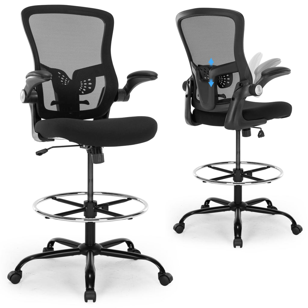 Bondesin Drafting Chair, Ergonomic Tall Office Chair with Lumbar Support Standing Desk Stool with Flip-up Armrests Comfy High Office Desk Chair