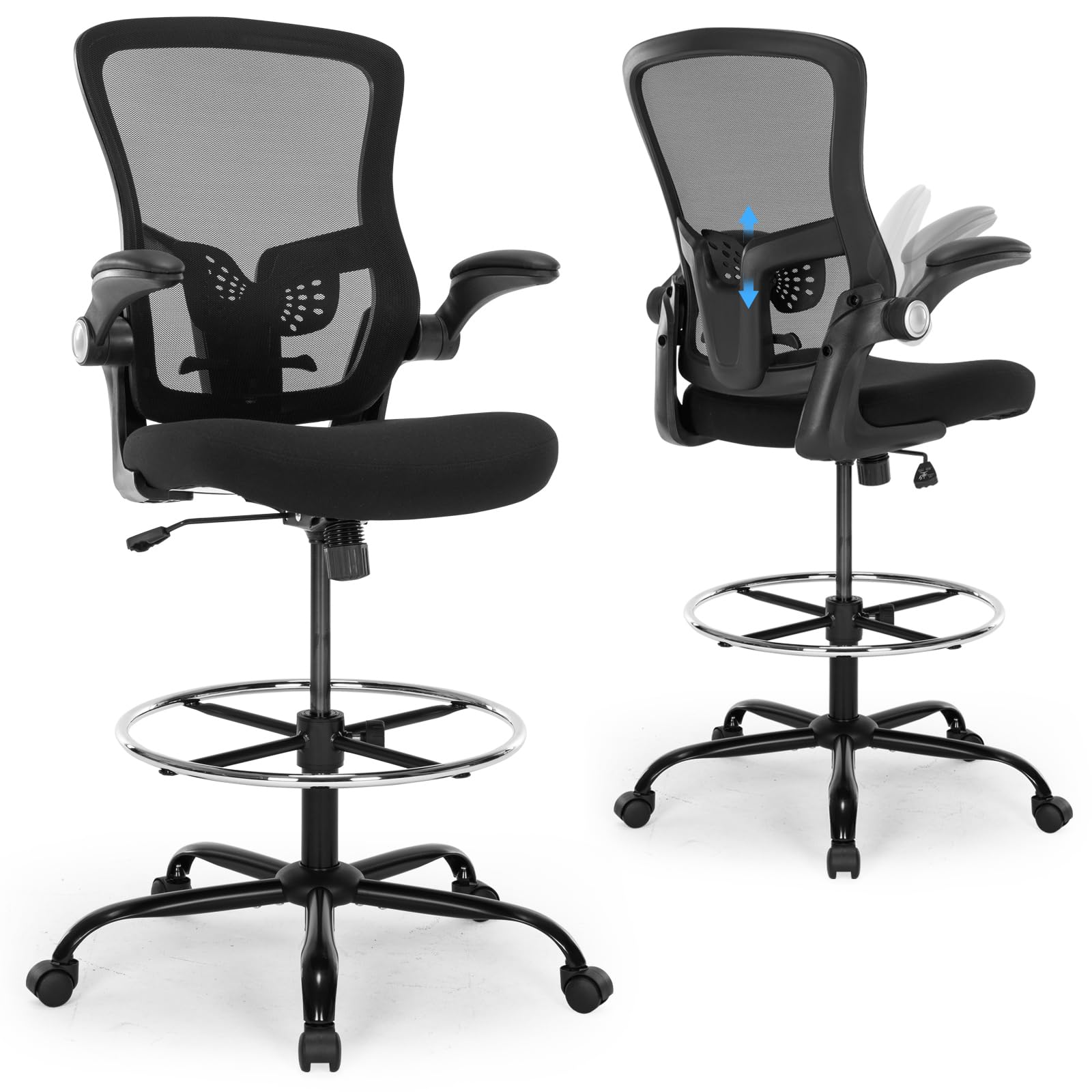 Bondesin Drafting Chair, Ergonomic Tall Office Chair with Lumbar Support Standing Desk Stool with Flip-up Armrests Comfy High Office Desk Chair