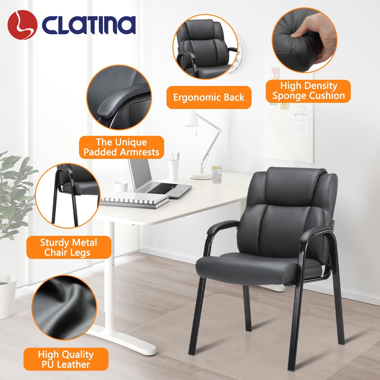 Clatina Leather Guest Chair with Padded Arm Rest for Reception Meeting Conference and Waiting Room Side Office Home Black 8 Pack