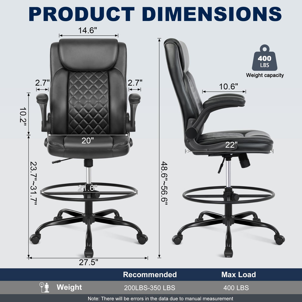 Misolant Drafting Chair with Footrest Ring, Tall Office Chair for Standing Desk, Pu Faux Leather Bar Counter Height Chairs with Adjustable