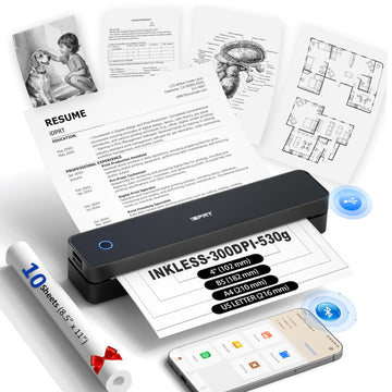 Inkless Portable Printer for Travel, Wireless Thermal Printer Supports 8.5 x 11" US Letter, A4, MT610Pro 300DPI Small Bluetooth Printers Compatible with iOS Android Laptop for Home Office Car, Black