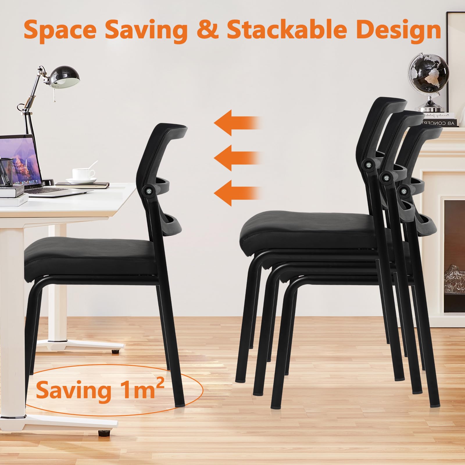 Clatina Stacking Waiting Room Chairs, Adjustable Mesh Backrest Armless Office Guest Reception Chair with Leather Cushion and Ergonomic Lumbar