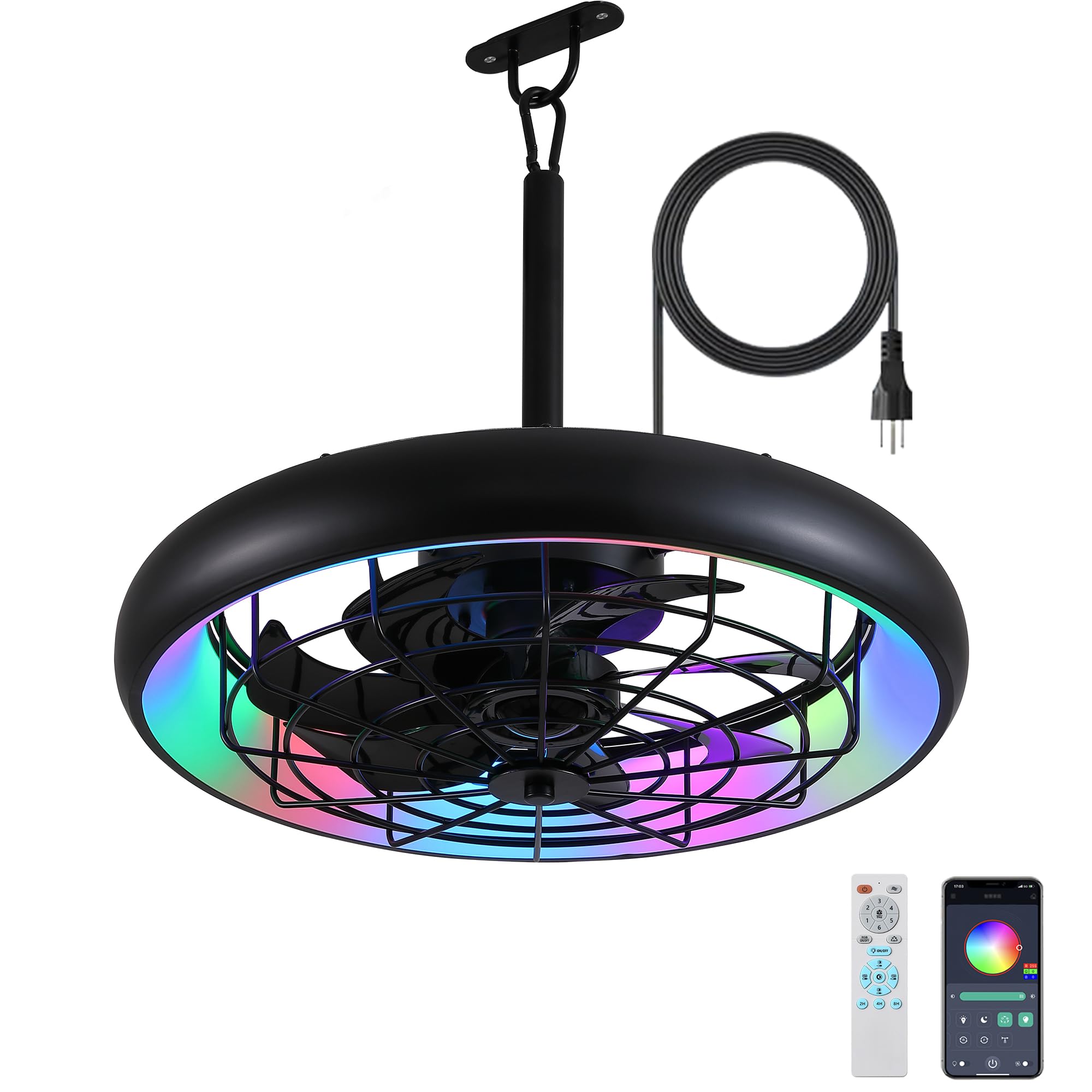Netin 20" Outdoor Ceiling Fan with Lights,RGB & 3CCT Dimmable,6 Speed Hanging Gazebo Fan,IP65 Waterproof Plug-in Black Caged Ceiling Fan with Remote/App Control for Patio,Porch,Pergola(Matte Black)