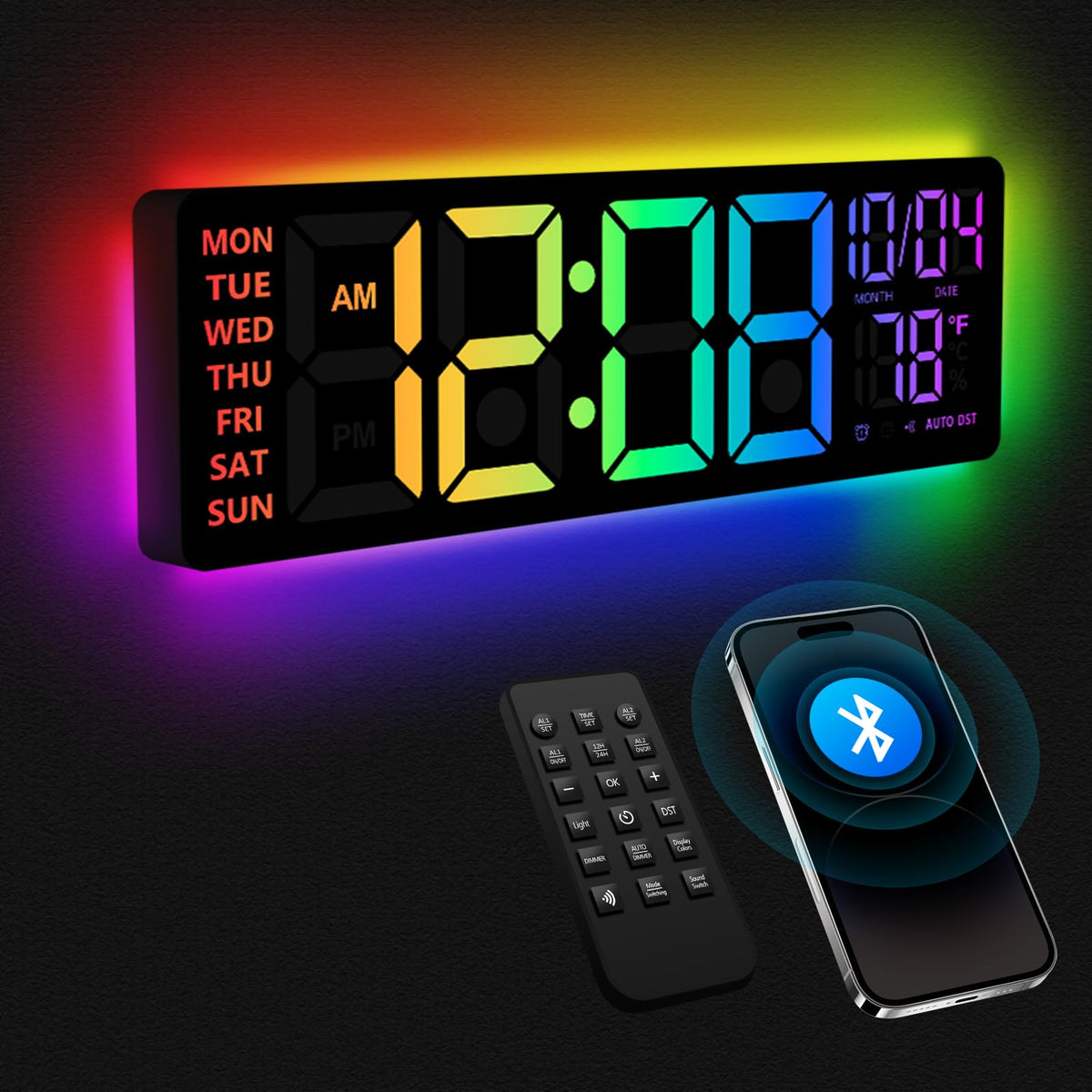 YISILE 16 Inch RGB LED Digital Wall Clock - 8 Color Display, 6 Night Light Modes, Bluetooth Auto Time Sync, Sound Wake-Up, Dual Alarm, Auto DST, Remote Dimmer for Bedroom, Living Room & Gaming Room
