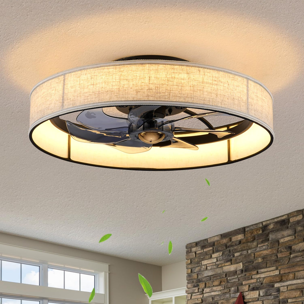 19.6" Low Profile Caged Ceiling Fan with Light and Remote,Flush Mount Smart Fandelier, 6 Speed Settings, Adjustable 3000K-6500K LED, Bladeless Fabric Design, Modern Farmhouse Ceiling Fans for Bedroom