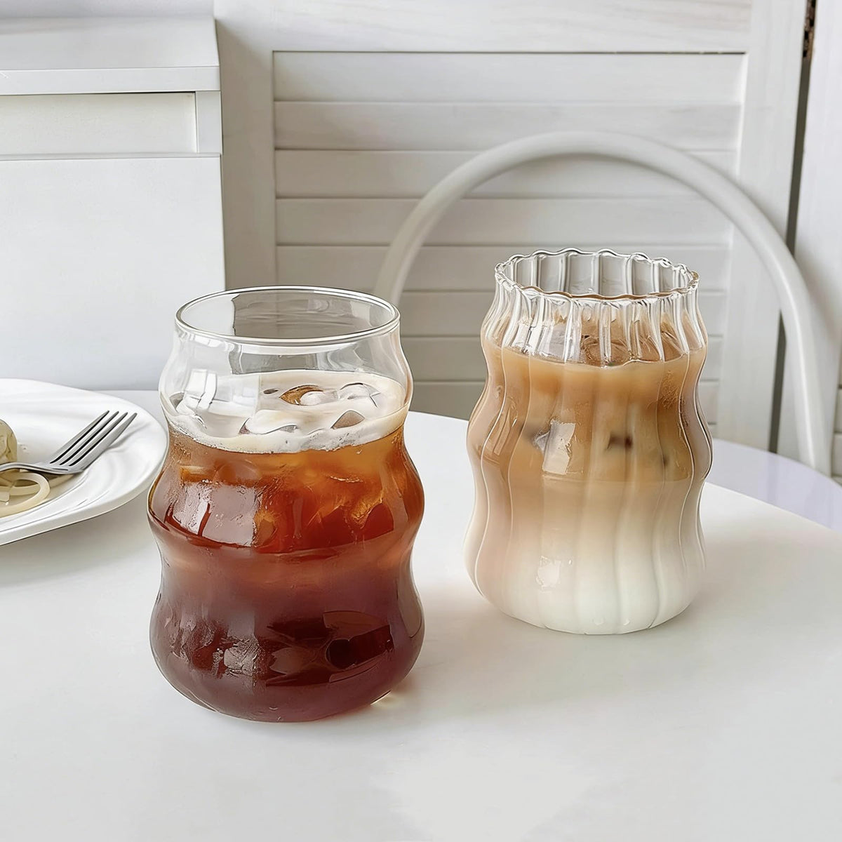 2 Pcs Cute Ribbed Glass Cups 18 oz | Aesthetic Design, For Coffee, Iced Drinks, Matcha, Aesthetic Gift, Vintage Design