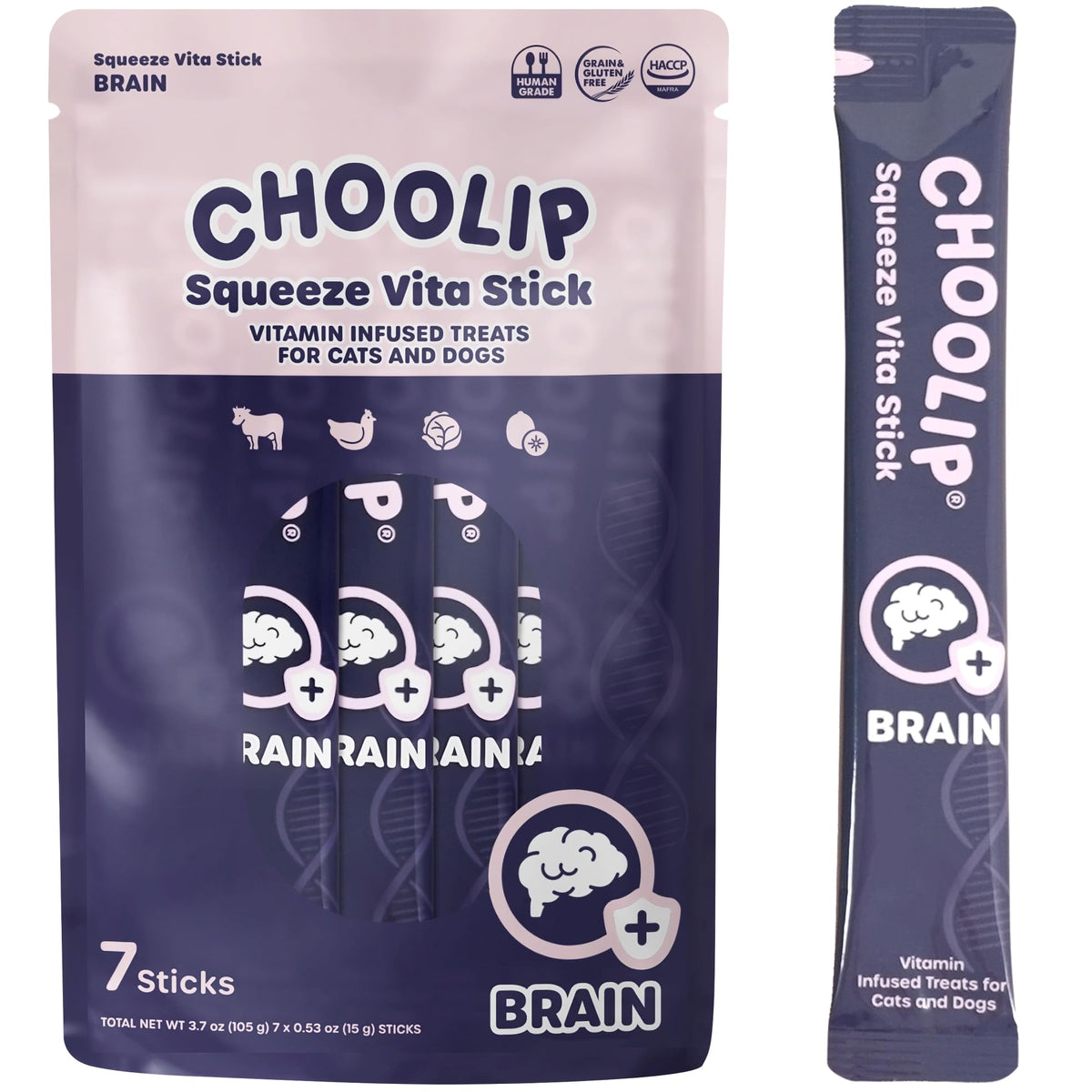 Choolip Squeeze Vita Stick Brain Support Lickable Cat and Dog Treats, 7-Count – Beef and Chicken Soft Puree with DHA, CoQ10 & Vitamin E, Vet-Formulated