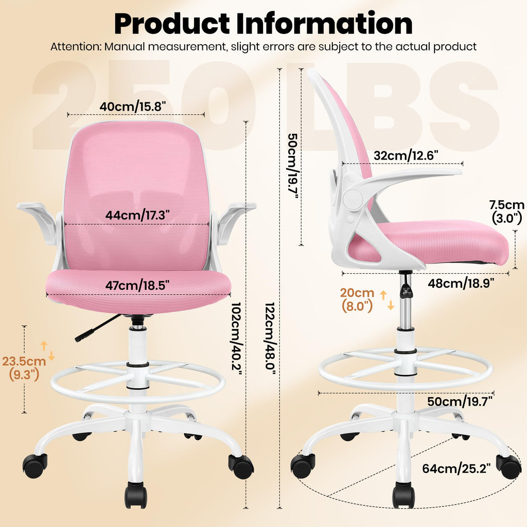 Primy Drafting Chair Tall Office Chair with Flip-up Armrests Executive Ergonomic Computer Standing Desk Chair with Lumbar Support and