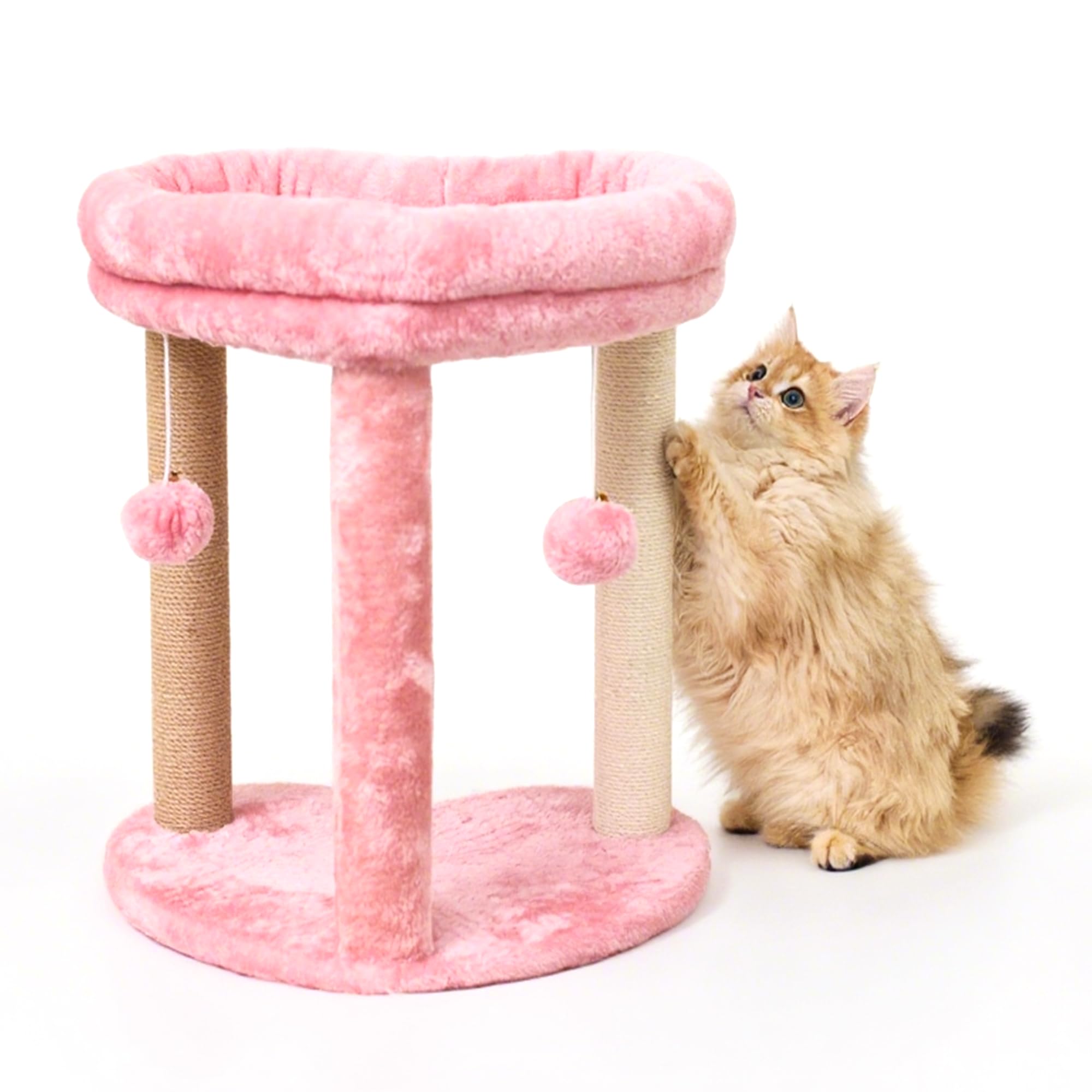 Cat Scratching Post Tree 3 in 1 Cat Tree Tower with Soft Bed, Heart Shape Scratch Posts with Two Hanging Ball Toys for Indoor Cats and Kittens Pink