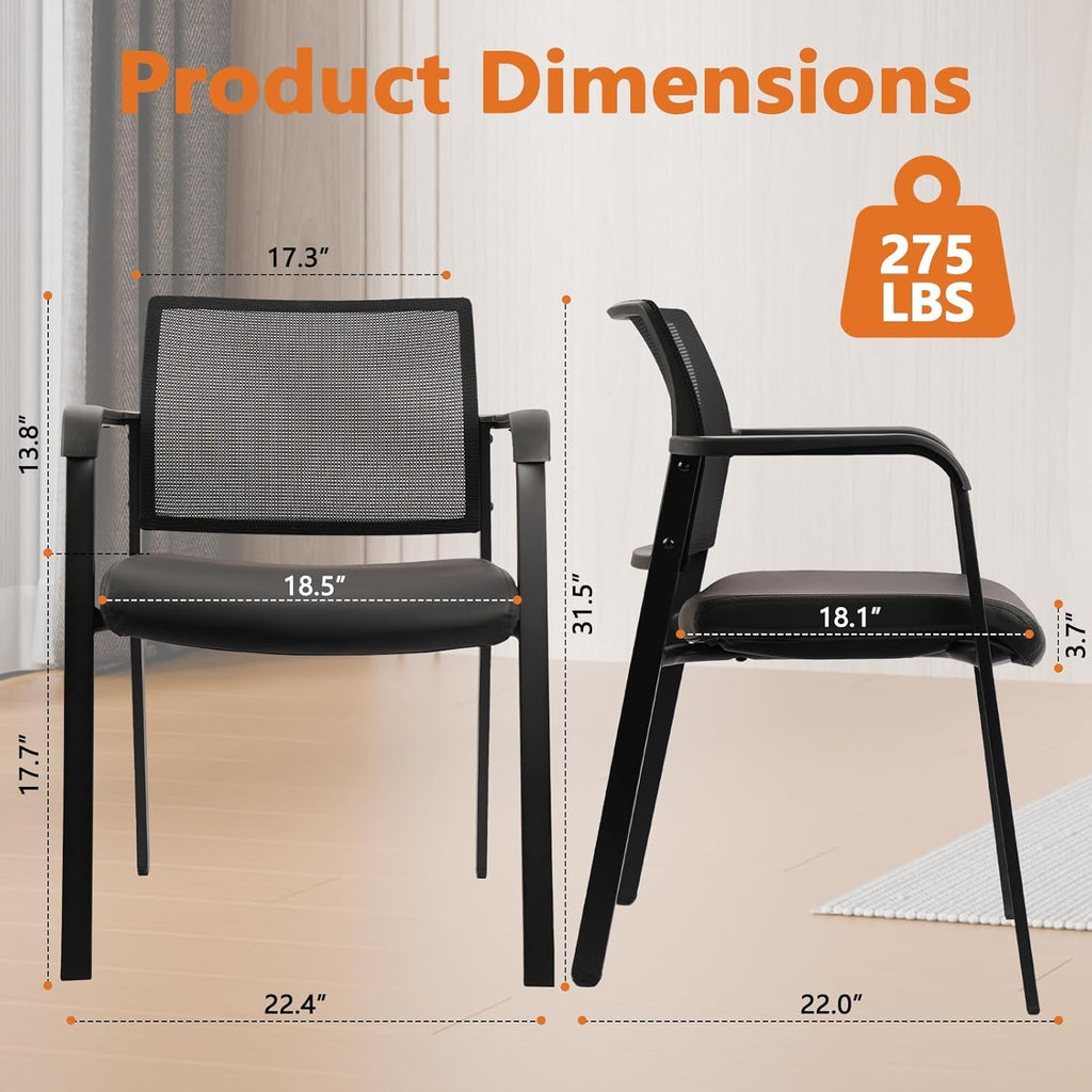 Clatina Stackable Office Chair, Mesh Back Guest Chairs with Comfortable Leather Seat Arms Stacking Ergonomic Desk Chair No Wheels for