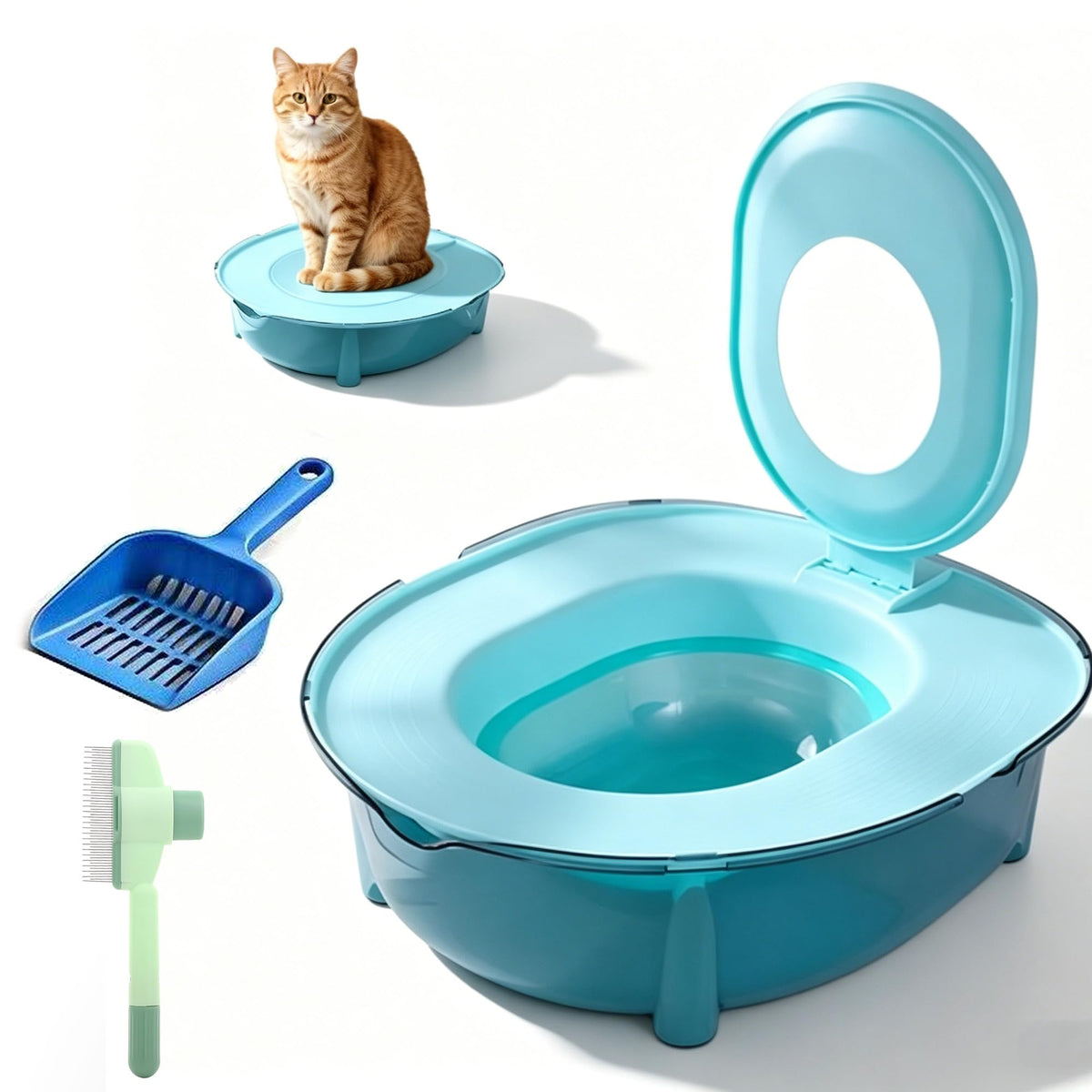 Cat Potty Training Kit for Indoor Cats, Portable Cat Toilet with Raised Anti-Splash Edge, Easy Clean Thickened PP Litter Box for Small and Medium Cats (Blue)