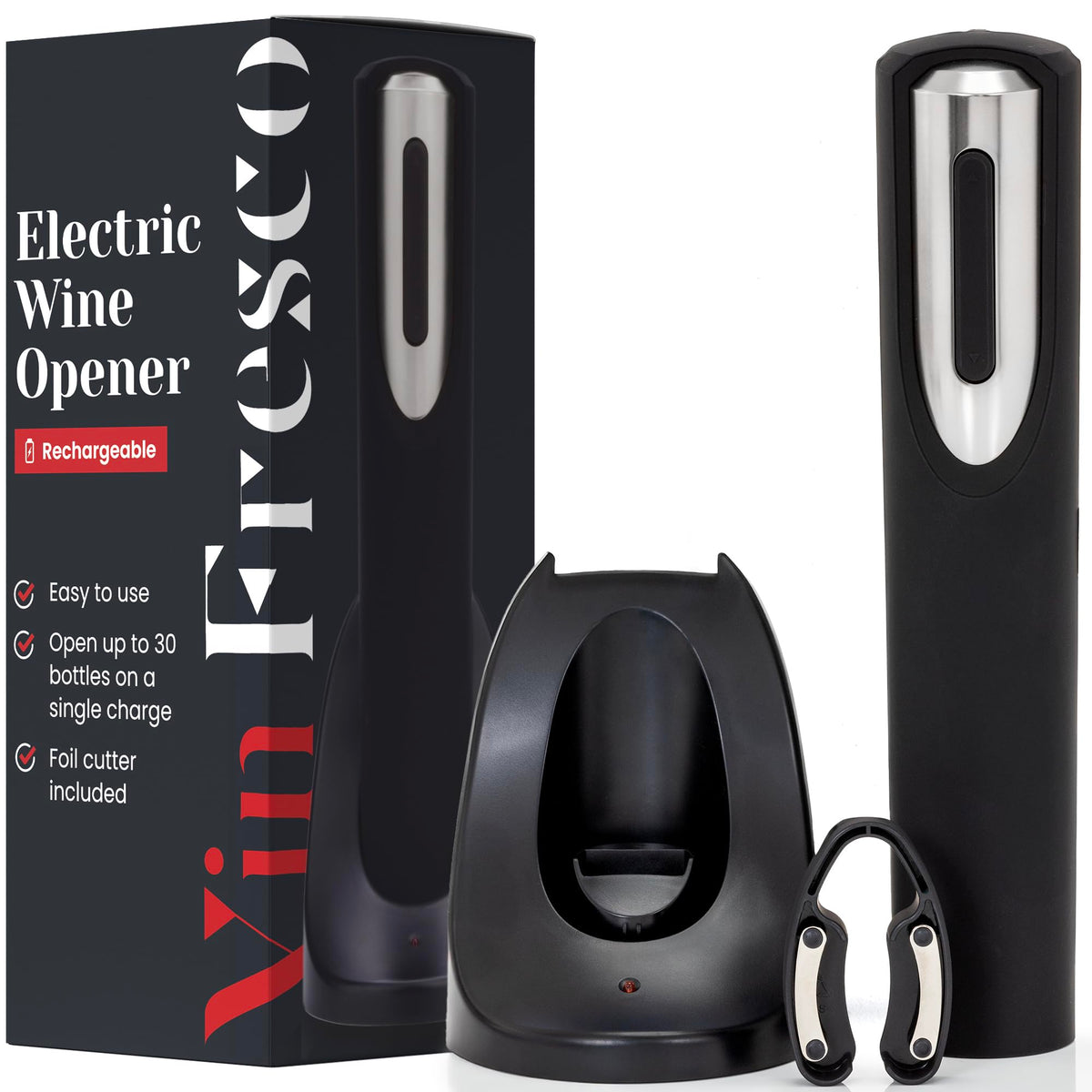 Rechargeable Electric Wine Bottle Opener - Charging Base and Foil Cutter Included with Automatic Wine Opener - Electric Corkscrew for Easy Cork Removal - Best Gift for Wine Lover (Black & Silver)