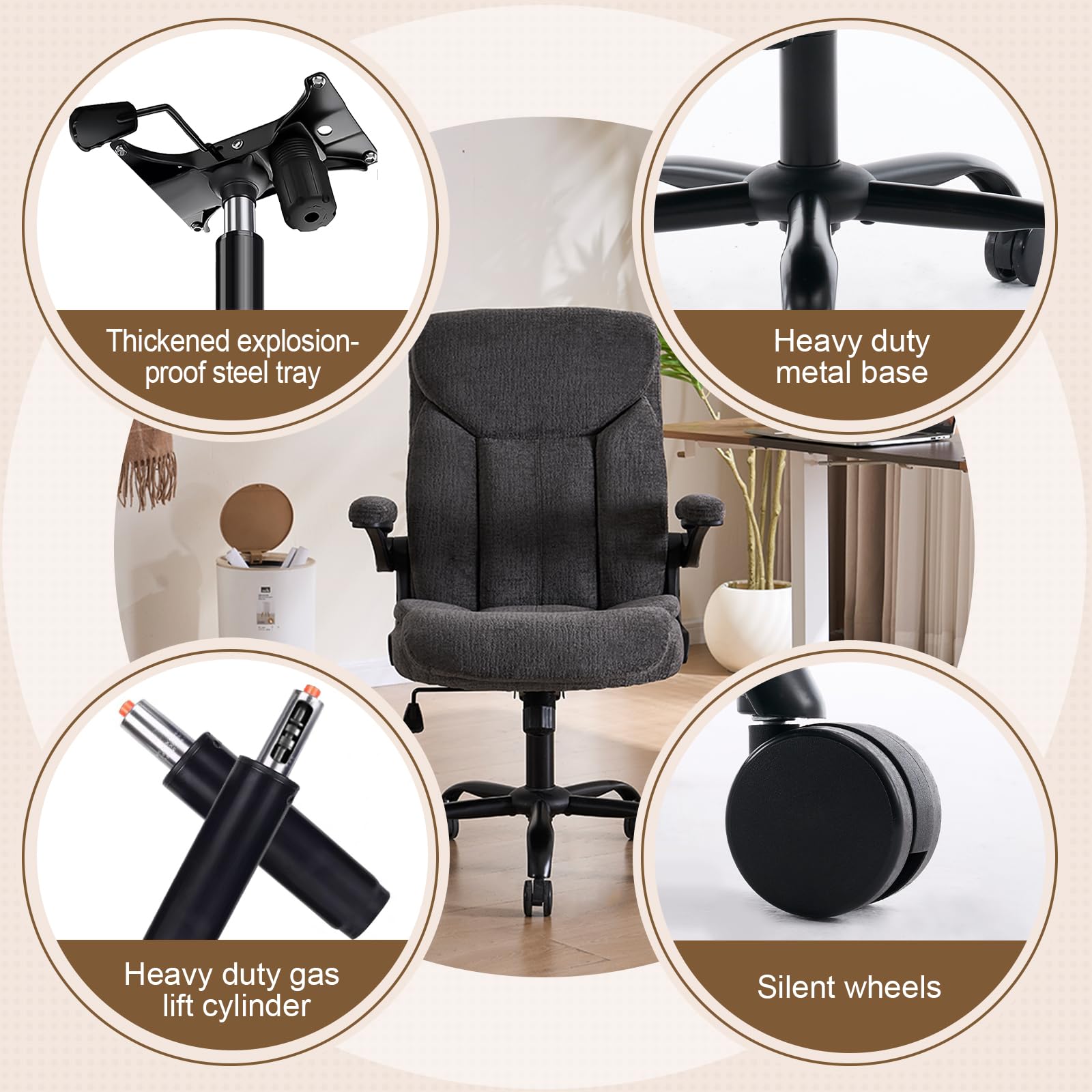 Executive Fabric Office Desk Chair - Ergonomic Computer Study Chair Grey, 18.9"D x 25.2"W x 38.2- 42.1"H