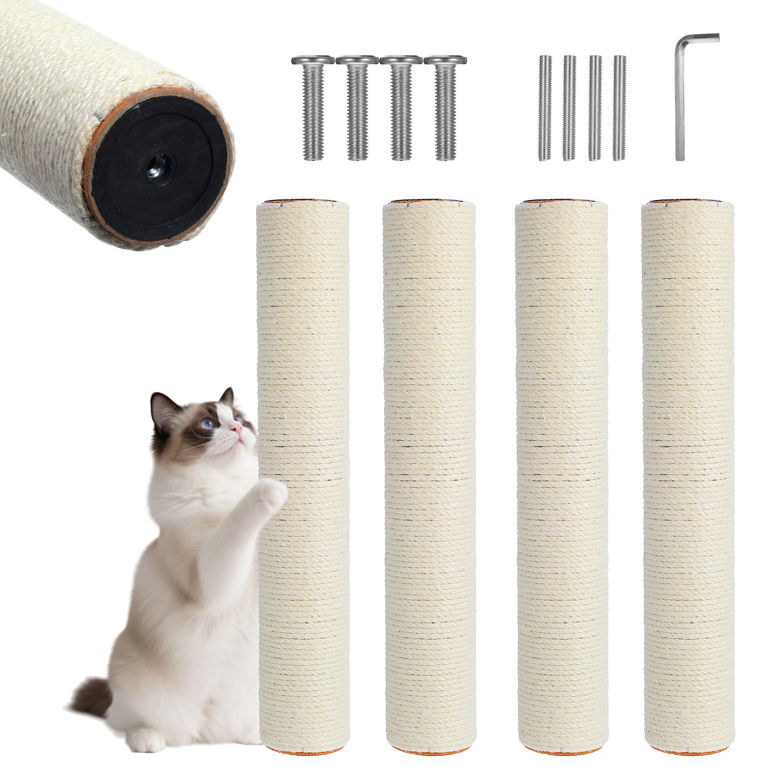4 PCS M8 15.7 x 2.75 Inch Cat Scratching Post Replacement, Sisal Pole Cat Tree Replacement Post with Screws, Refill Scratcher Posts for Indoor Kitten Tree Tower Spare Cats Furniture Protector