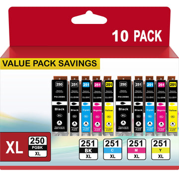 PGI-250XL CLI-251XL Compatible for Canon 250 and 251 Ink Cartridges Work with Canon PIXMA MX922 MX920 IX6820 MG5520 MG7520 IP8720 MG6620 (2PGBK 2Black 2Cyan 2Magenta 2Yellow, 10XL Pack)