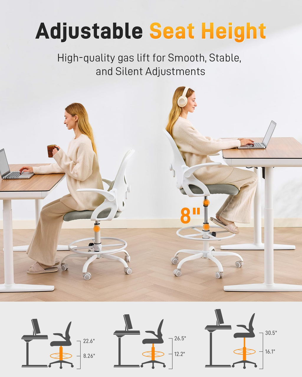 Lukkdys Drafting Chair with Arms, Tall Office Chair for Standing Desks, 20.9" x 10.6" x 23.15", Grey&white