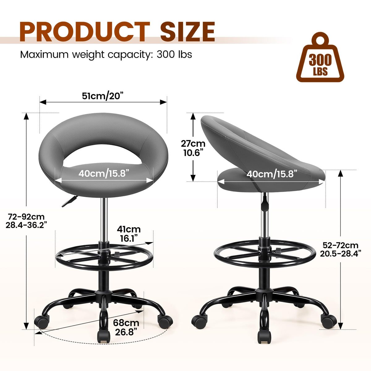 Stella Mia Ergonomic Drafting Chair for Standing Desk, Pu Leather Bar Stool, 2 Pack, Grey