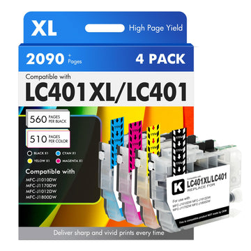 LC401XL LC401 MFC-J1010DW Ink Cartridges for Brother Printer 401XL LC 401 for MFC-J1010DW MFC-J1170DW MFC-J1012DW MFC-J1800DW MFC J1010DW - 4 Pack High Yields Black Cyan Magenta Yellow