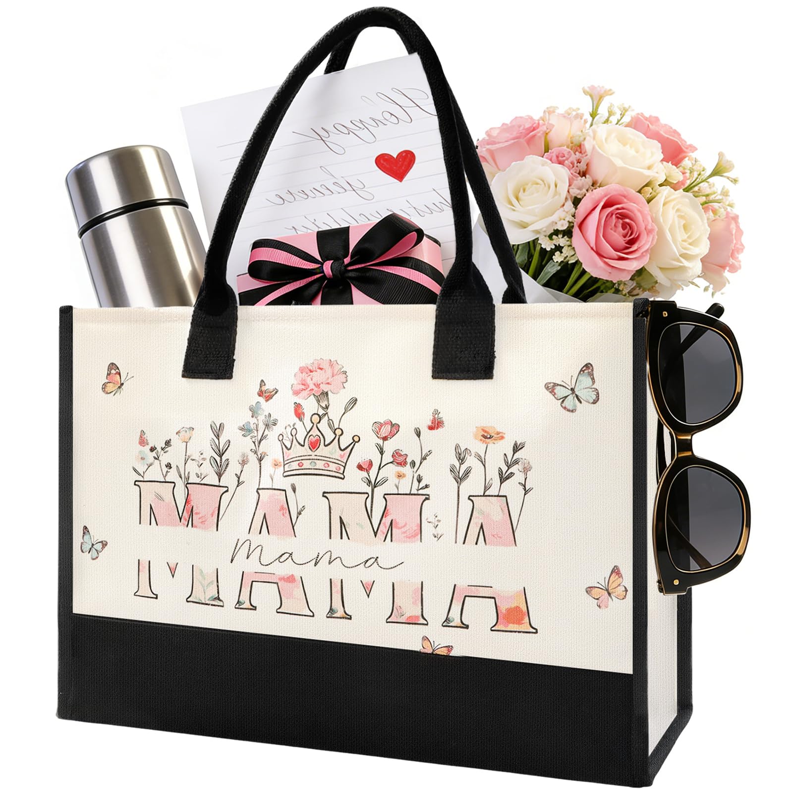 Mothers Day Gifts for Mom - Spacious Canvas Tote Bag for Women, Beautiful Floral Print New Mom Birthday Gifts, Sturdy Ties & Bottom Reusable Grocery Bags, Mama Gift for Shopping Beach Travel Work