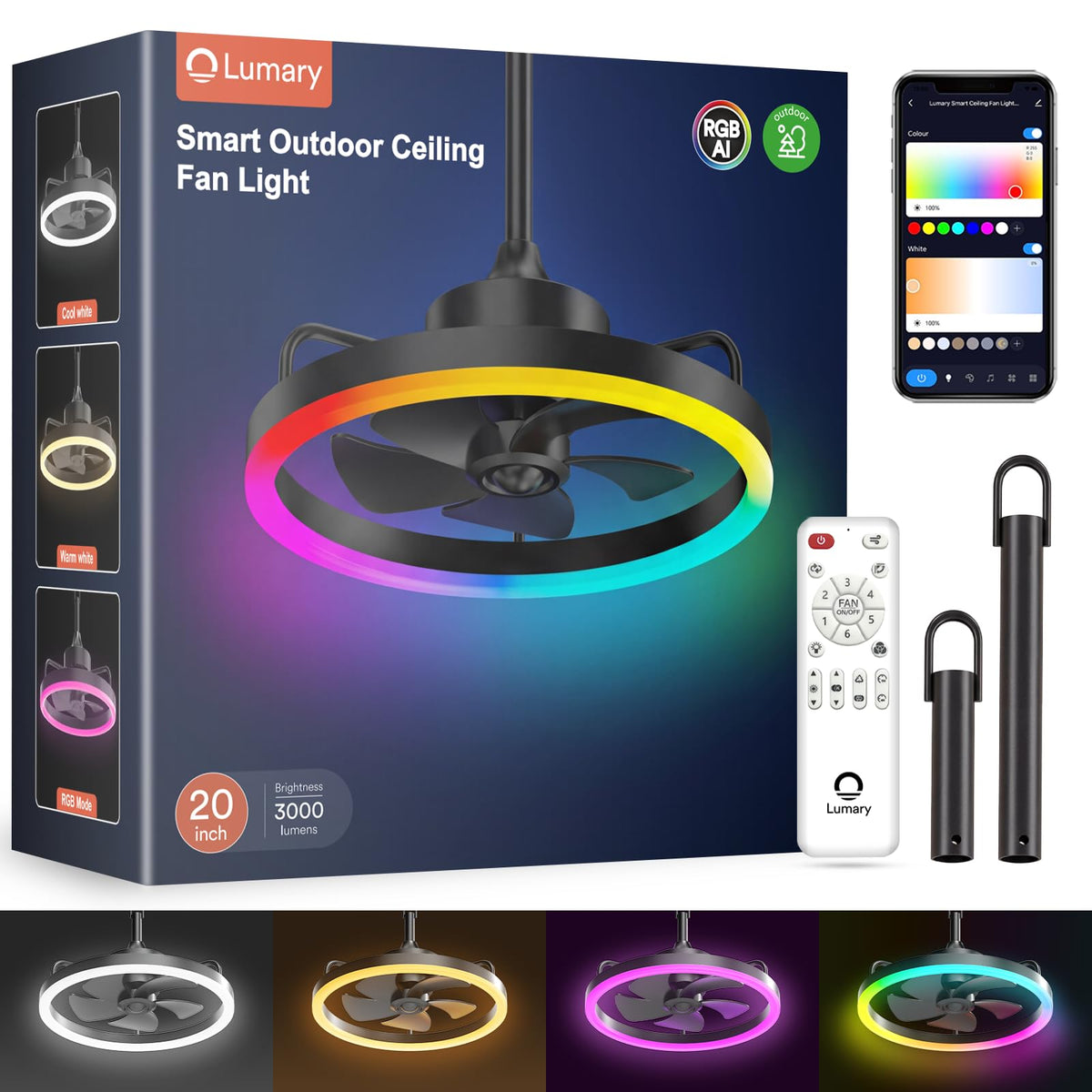 Lumary Smart Outdoor Ceiling Fans with RGBAI Lights for Patio, Wi-Fi Bluetooth Connect, Work with Alexa Google, Waterproof Plug in Ceiling Fan with Hook/Remote/APP Control for Pergola Gazebo, 20in