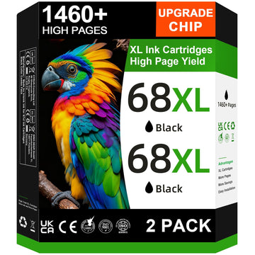 68XL Black Ink Cartridge High Yield Compatible for HP 68 Black Ink Cartridge for HP 68 Ink Cartridges Compatible for 6155e 6555e 6100e 6165e 6500e 6152e 6552e 6558e Printer (2 Black, 2 Pack)