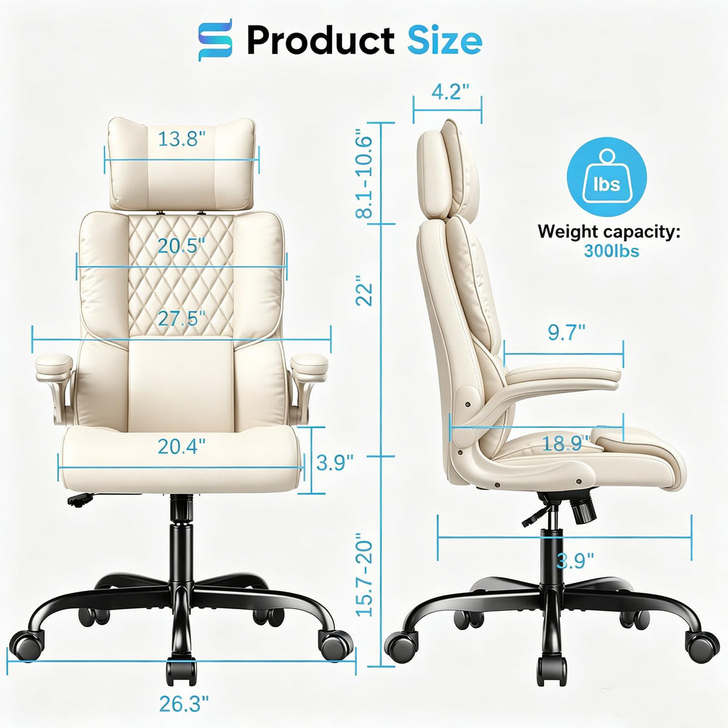 Sytas Ergonomic Office Chair with Adjustable Headrest, Executive Leather Desk Chair with Upgraded Lumbar Support for Lower Back Pain Relief,