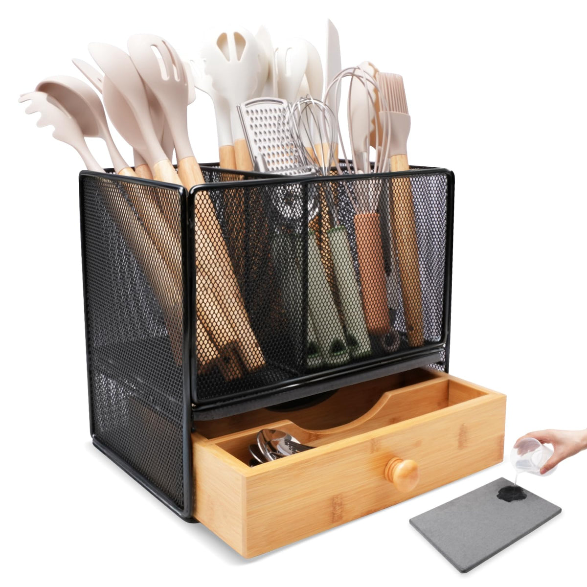 Kitchen Countertop Utensil Holder, Extra Large Utensil Organizer with Drawer, 2-In-1 Utensil & Silverware Holder for Counter, Countertop Organizers for Kitchen Tools, with Quick Dry Diatomite Base