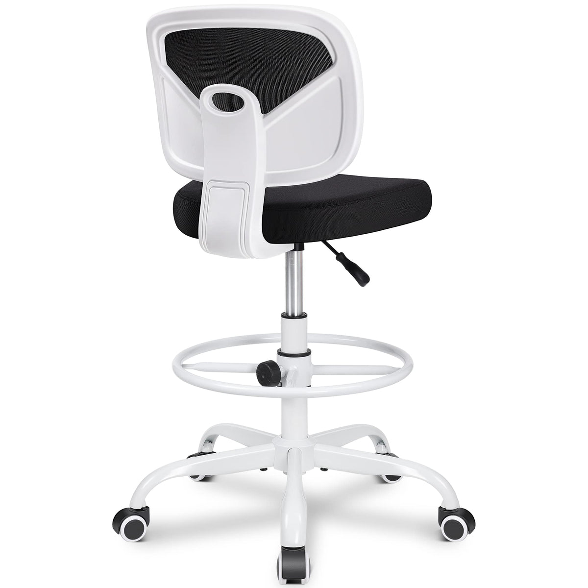 Primy Armless Mid-back Ergonomic Standing Desk Chair - Mesh Rolling Tall Chair, Adjustable Height and Footring, Art Room, Office or Home (white)