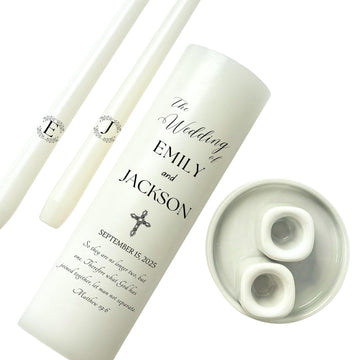 Unity Candles for Wedding, Modern Unity Set, Custom and Personalized Pillar and Taper Candles with Bible Quote, Unscented White Premium Wax, Religious and Wedding Ceremony, Special Events