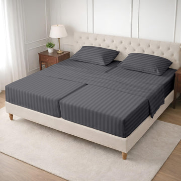 SGI Split King Sheet Set for Adjustable Bed Egyptian Premium Cotton 600 Thread Count Sheets for Sleep Number Bed 15" Deep Pocket 5 Pc Set with 2 Twin XL Fitted Sheets Soft Breathable -Dark Grey Stripe