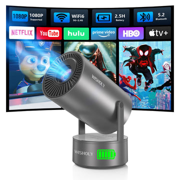 Portable Projector with Built-in Apps & Rechargeable Battery, Mini Projector with WiFi and Bluetooth, Electric Focus, Auto Keystone, 210° Rotatable Stand for Outdoor Movies & Travel( Iron Gray)