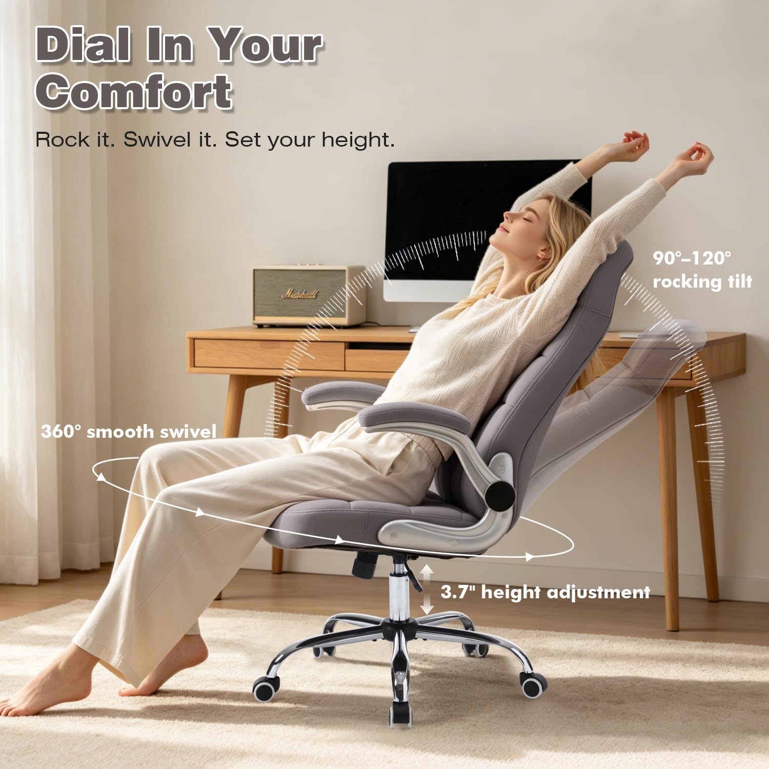 Reficcer High Back Velvet Comfy Office Chair, Grey, 21.26" W X 19.6" D X 19"-22.05" H