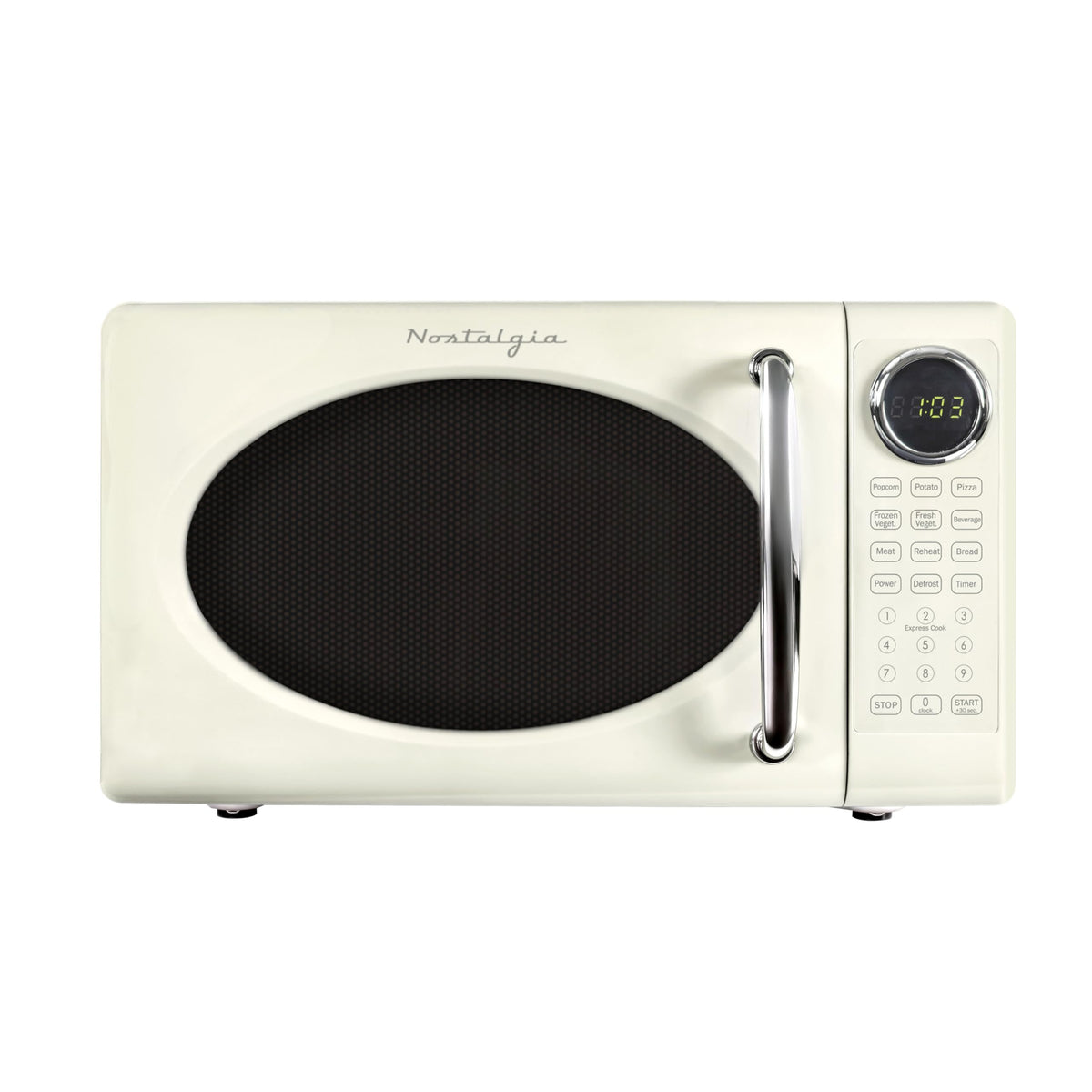 Nostalgia Retro 700W Microwave Oven 0.7 Cu Ft Capacity – Child Safety Lock, 8 Auto-Cook Settings – Countertop Kitchen Appliance – Ivory