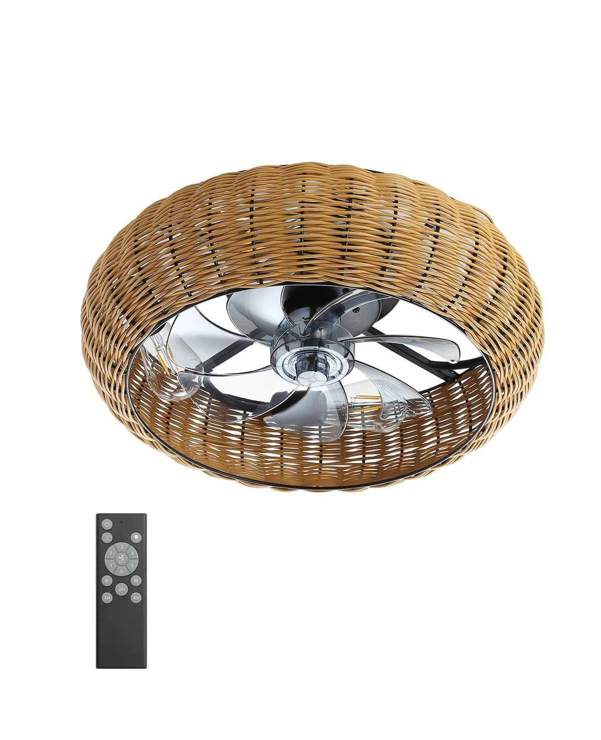 FELCO 20" Boho Bedroom Fandelier Ceiling Fan with Light and Remote, Low Profile Bohemian Woven Caged Flush Mount Ceiling Fan Light for Indoor, Covered Outdoor, Quiet DC Motor 6-Speed Reversible