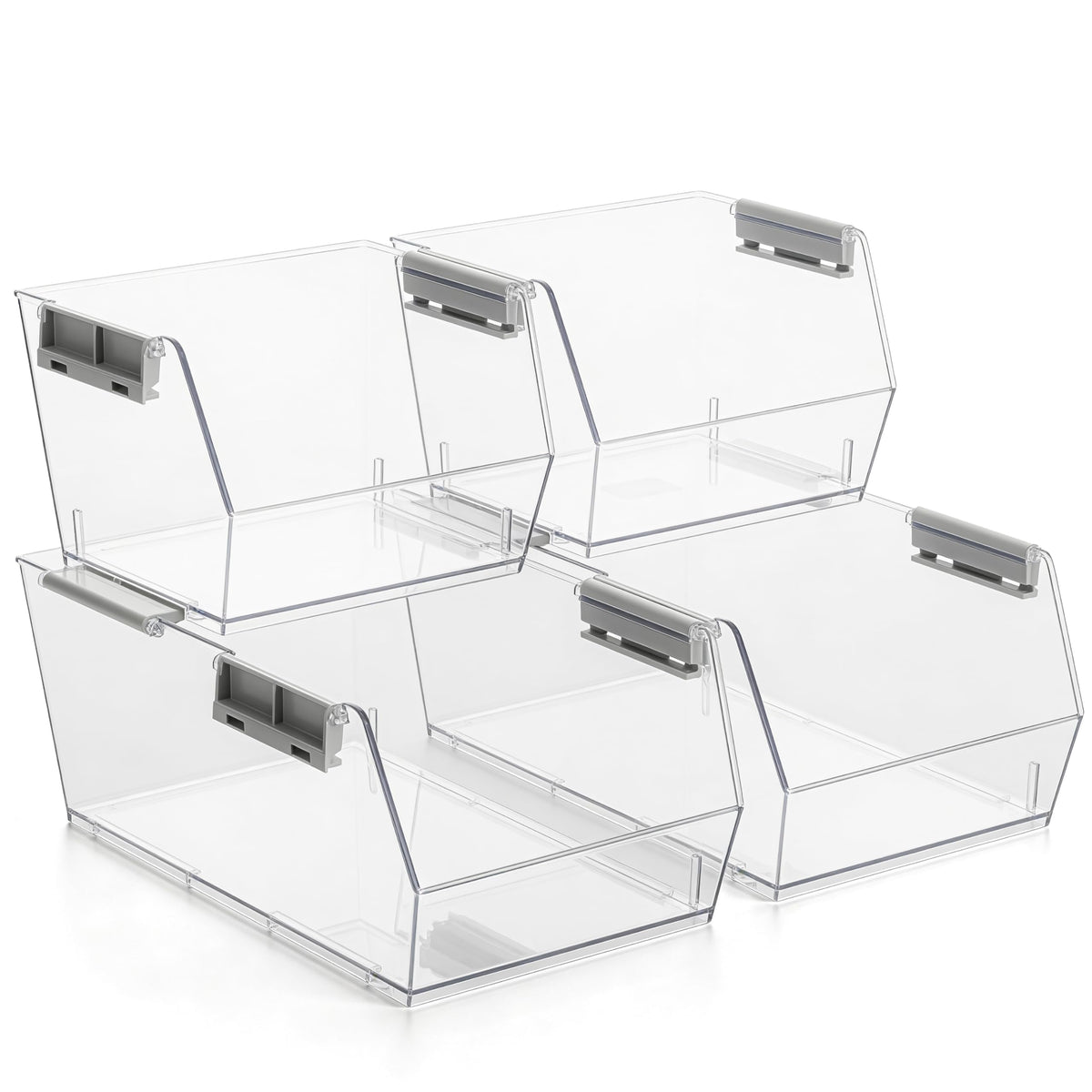 HOMESTEAD Set of 4 Stackable Storage Bins, 2 Large + 2 Small Clear Plastic Organizer Bins, Open Front Design for Kitchen Pantry, Fridge, Cabinet, Bathroom Organization and Snack Storage